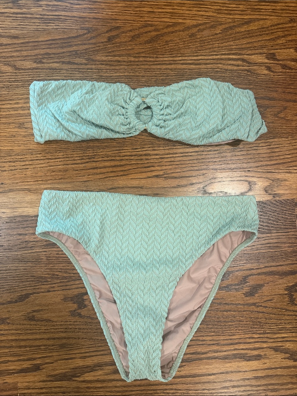 PQ Swim Mint Textured Bandeau Bikini Set with Ring Detail- S top, M bottoms